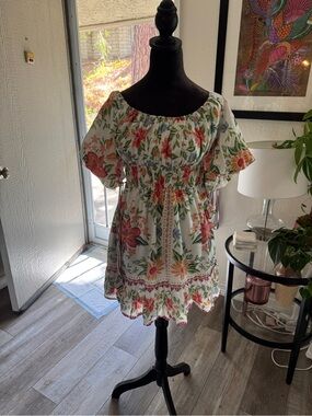 FARM Rio White Floral Puff-Sleeve Mini Dress with Pink, Orange & Green Blooms